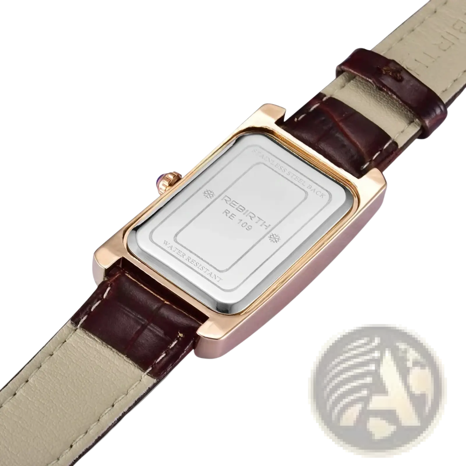 Rectangular leather quartz watch with rose gold rectangular case, dark brown leather strap, and silver-toned backplate