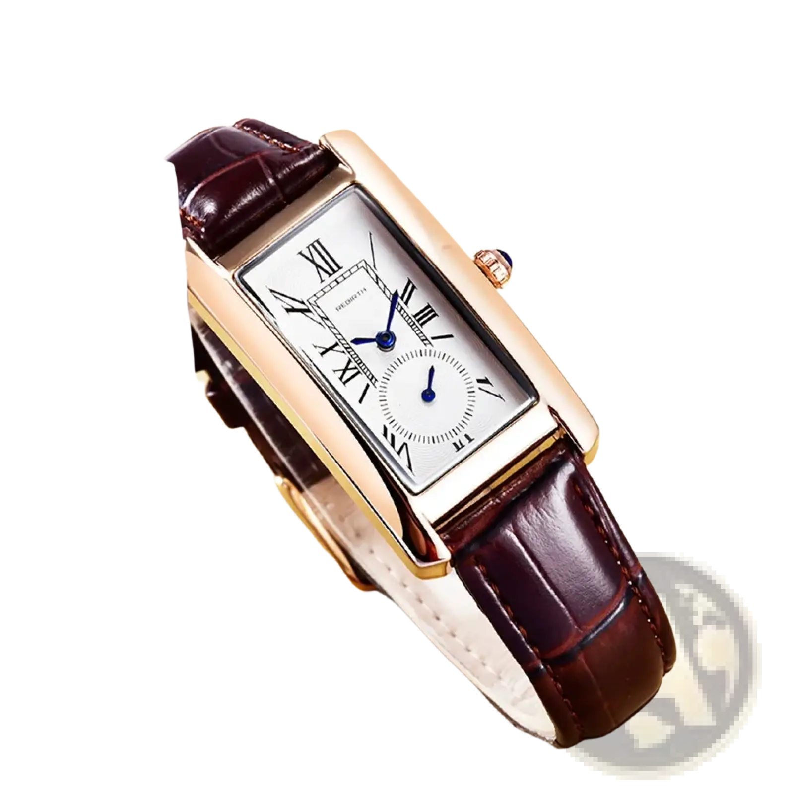 Rectangular leather quartz watch with a rose gold case, white dial, roman numerals, and dark brown crocodile leather strap