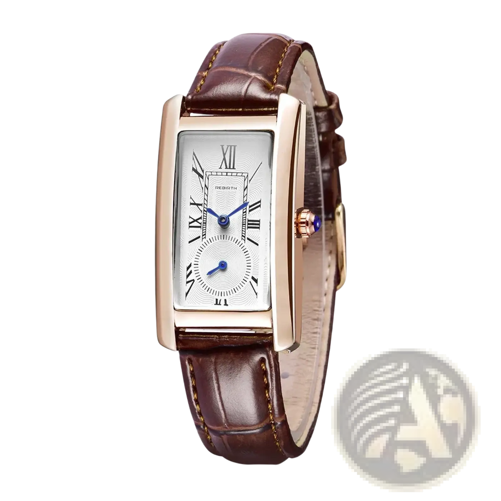 A rectangular leather quartz watch with a rose gold case white dial roman numerals and blue hands with brown strap