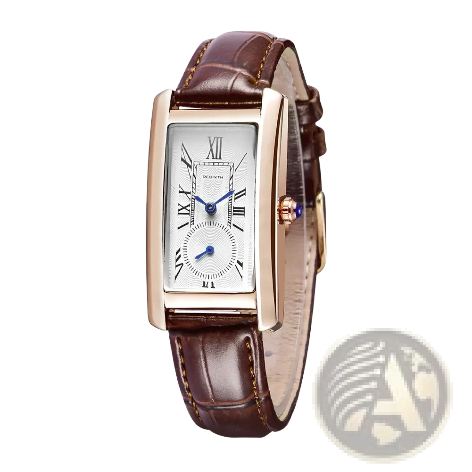 A rectangular leather quartz watch with a rose gold case white dial roman numerals and blue hands with brown strap