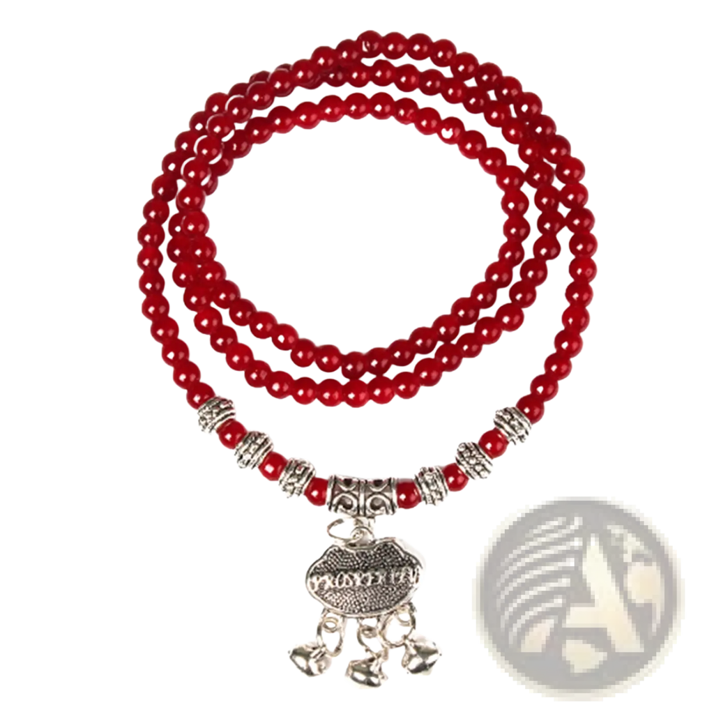 Red agate good luck bracelet with red beads silver-toned spacers and protect engraved oval pendant charm