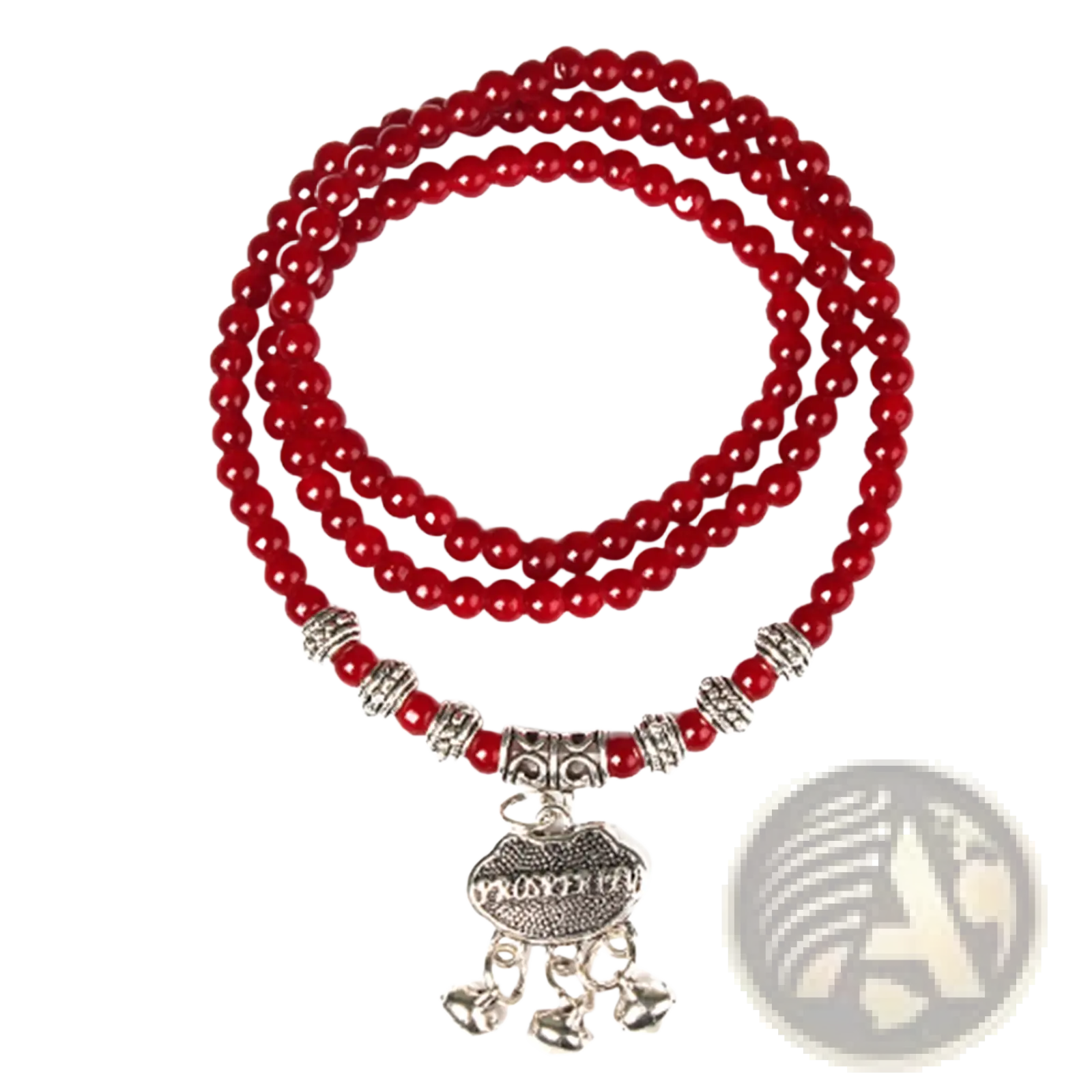Red agate good luck bracelet with red beads silver-toned spacers and protect engraved oval pendant charm