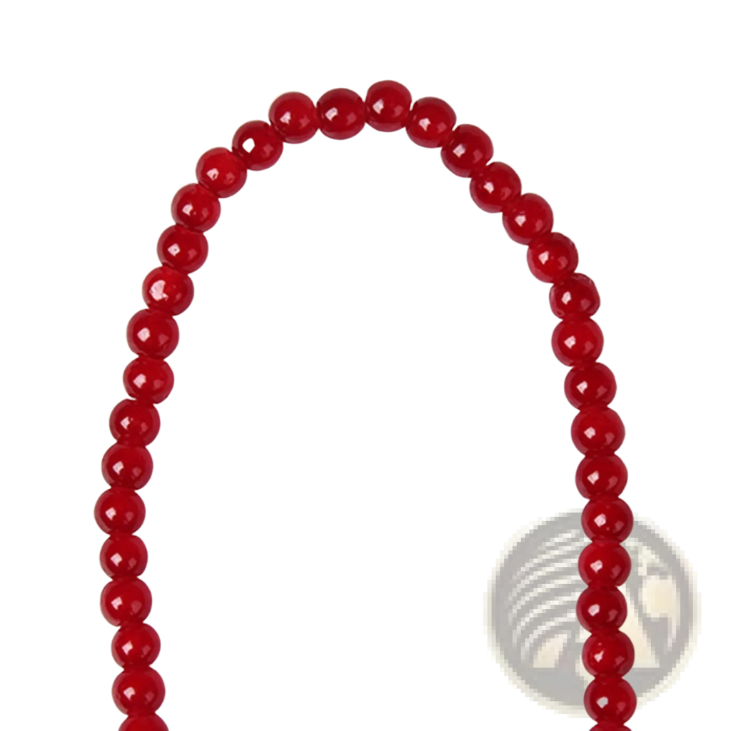 Red agate good luck bracelet featuring vibrant red faceted glass beads arranged in a curved line with an engraved protect charm
