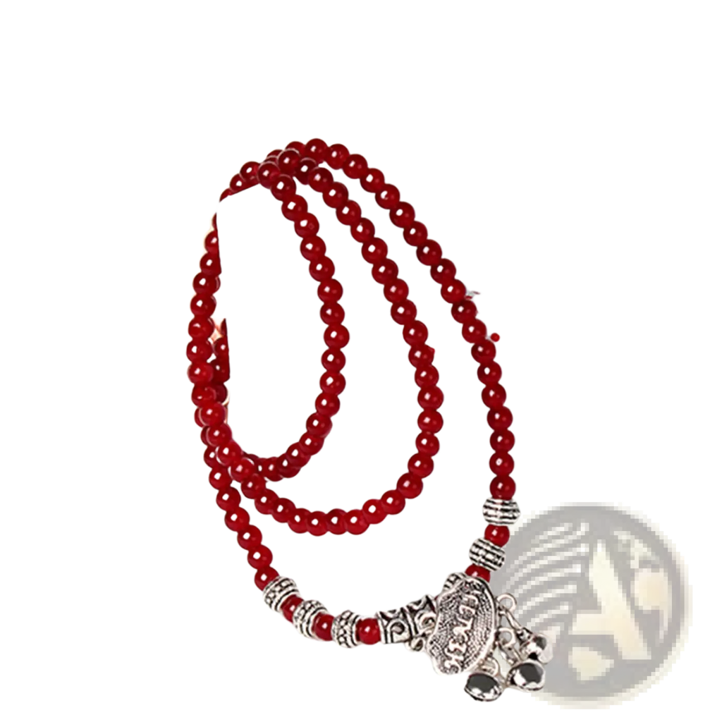 Red agate good luck bracelet with red beaded prayer beads silver-toned metal accents and engraved protect charm pendant