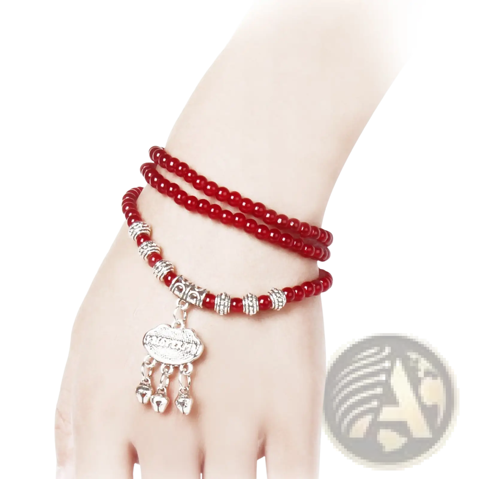 Red agate good luck bracelet featuring red beads with silver-toned engraved protect charms and a dangling pendant