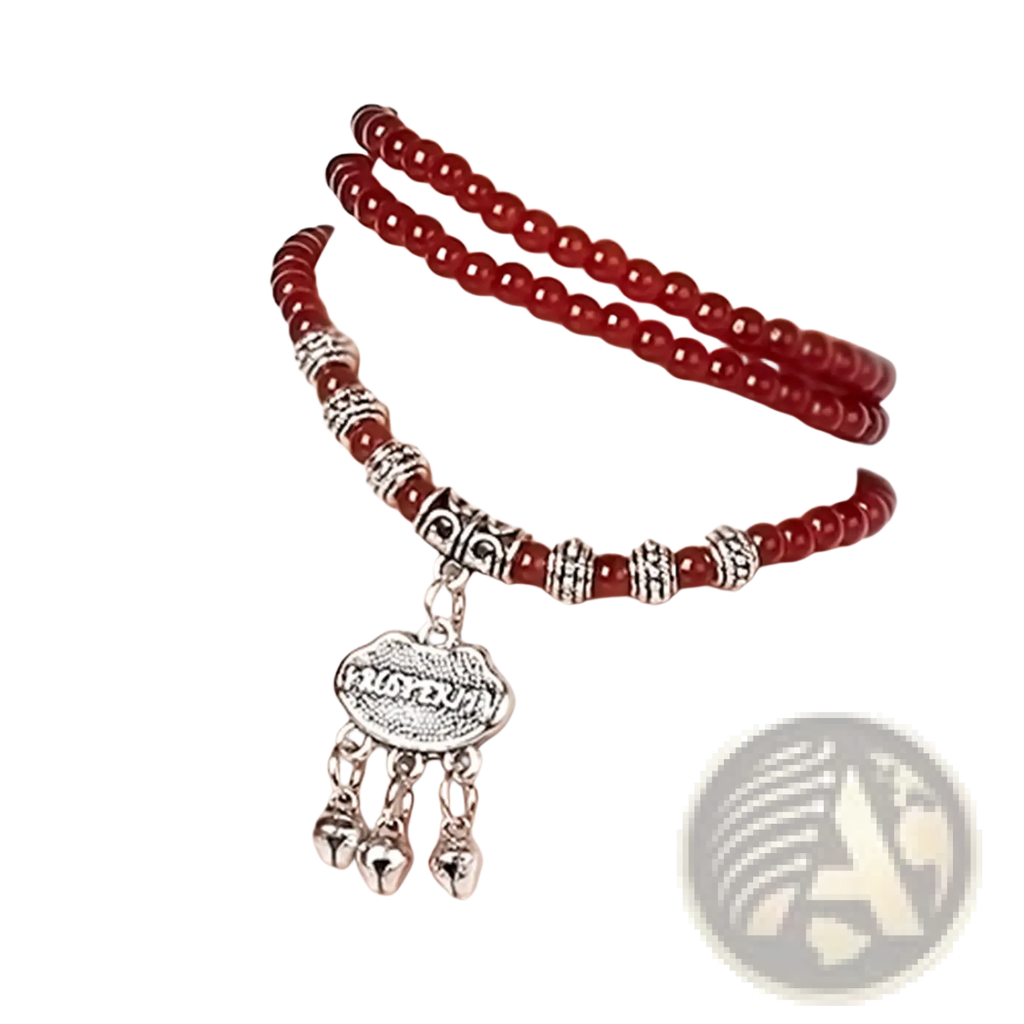Red agate good luck bracelet featuring red beads silver-toned engraved protect charm and dangling pendant
