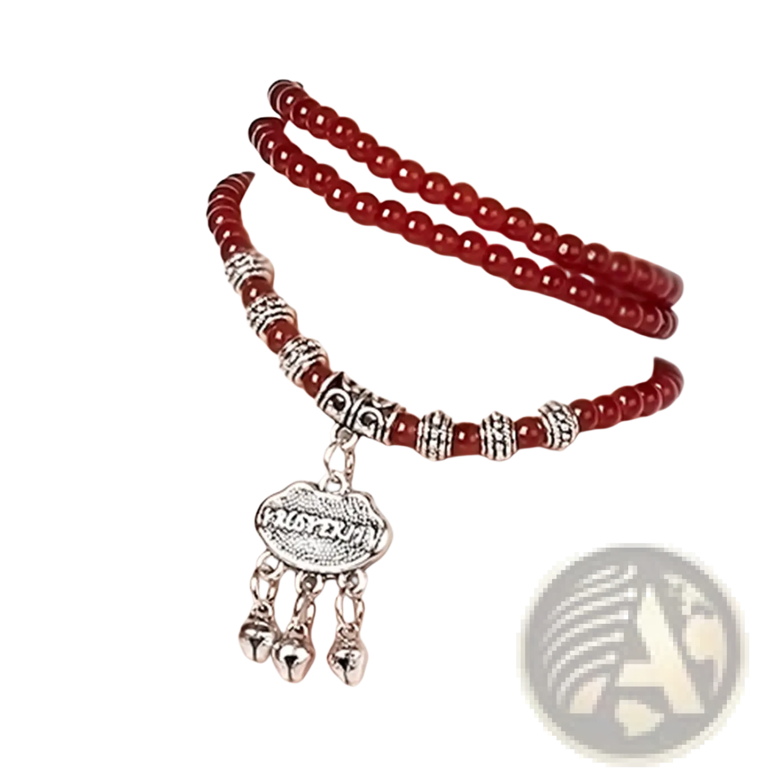 Red agate good luck bracelet featuring red beads silver-toned engraved protect charm and dangling pendant