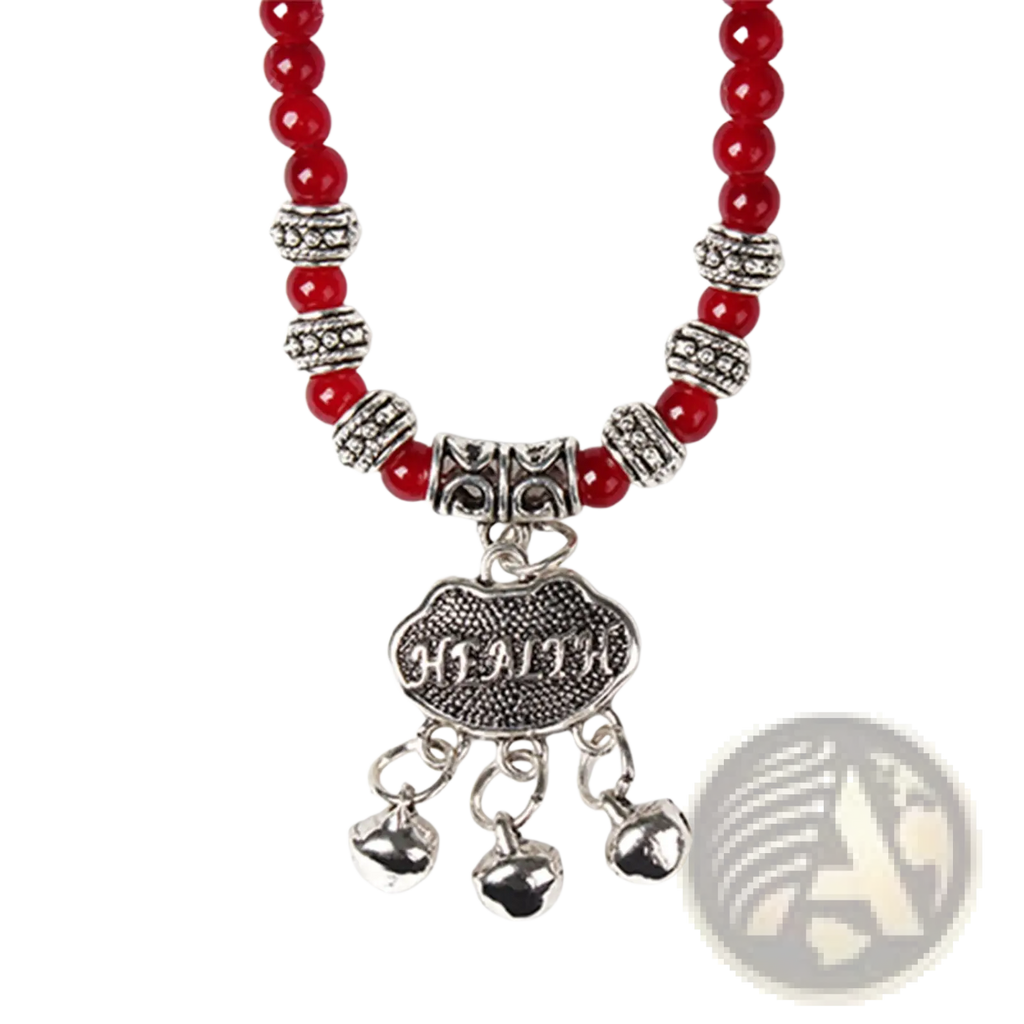 Red agate good luck bracelet featuring red beads silver-toned charms and a health pendant with three dangling bells