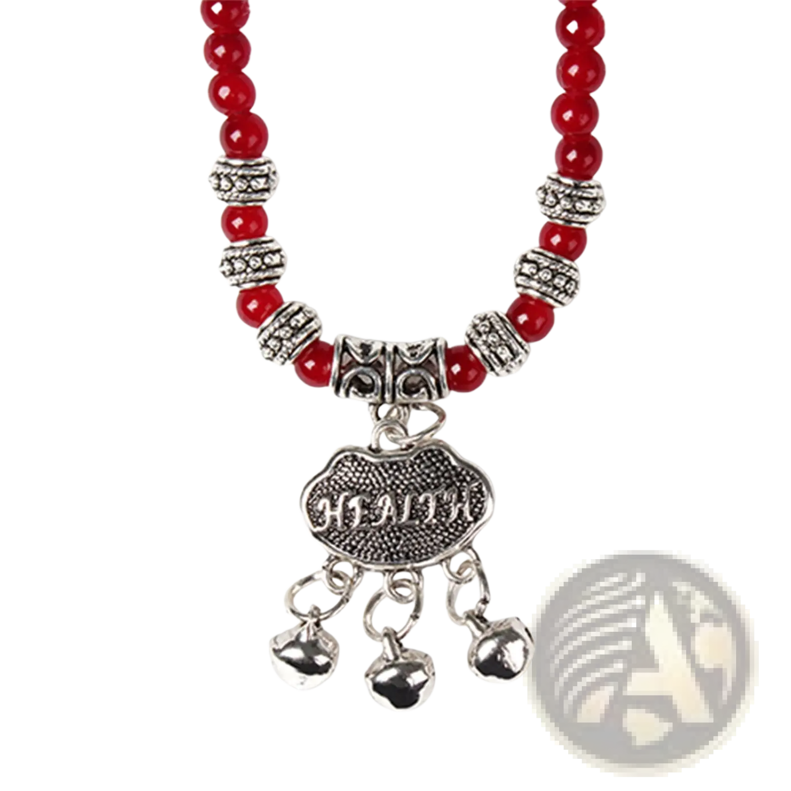 Red agate good luck bracelet featuring red beads silver-toned charms and a health pendant with three dangling bells