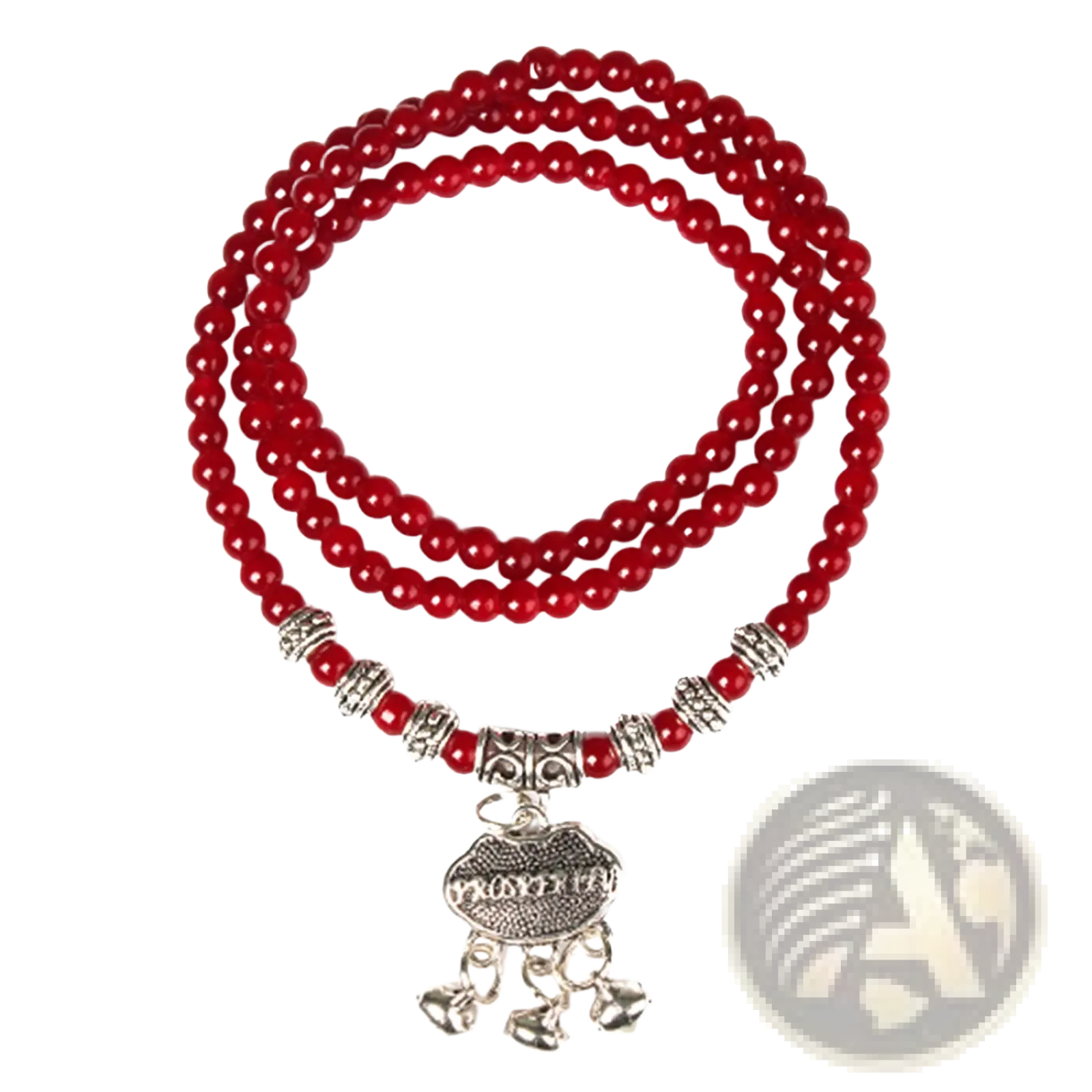 Red agate good luck bracelet with red beads silver spacers and a dangling charm with engraved heart and bells