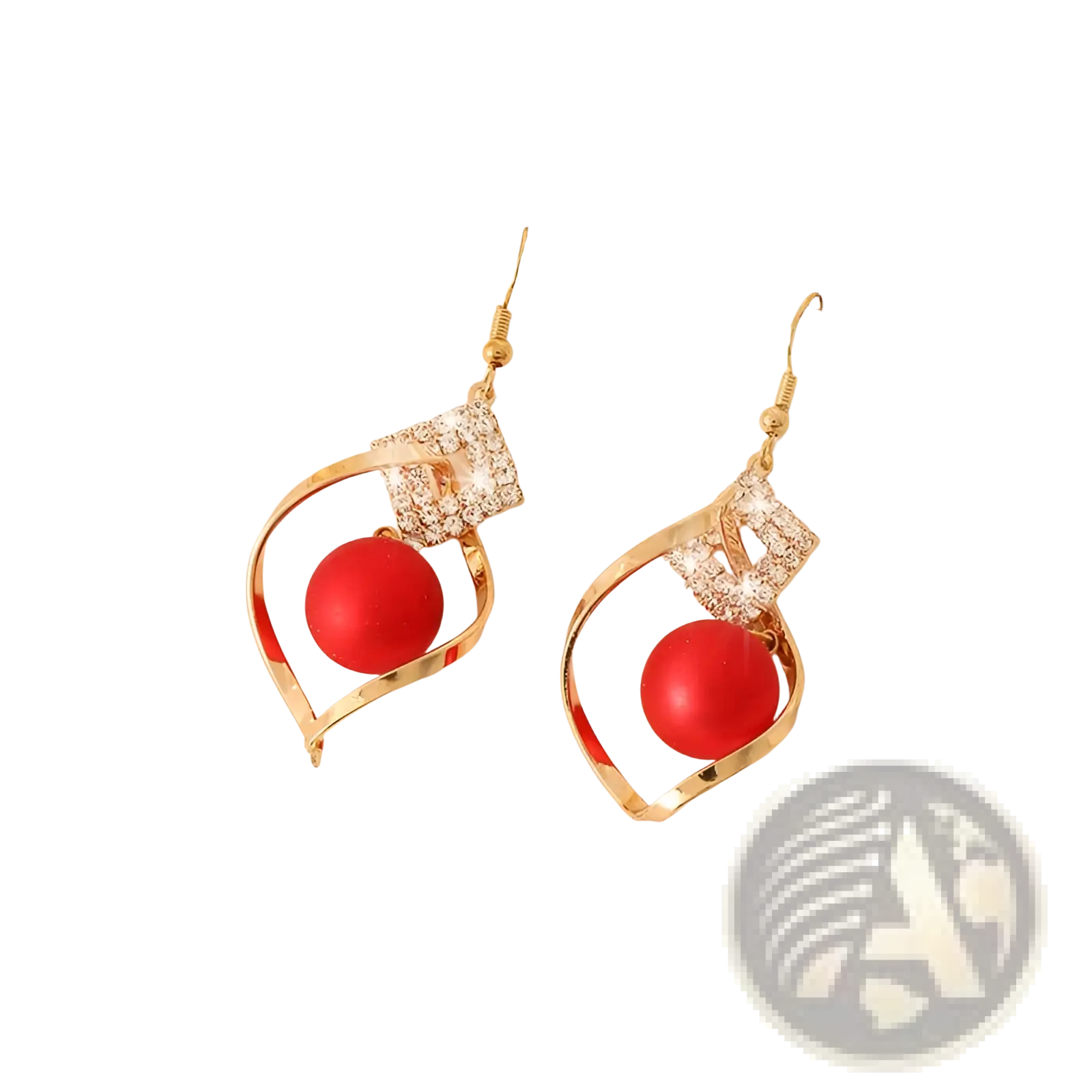 Gold-toned drop earrings with a red spherical bead in a crystal-adorned open swirling geometric frame