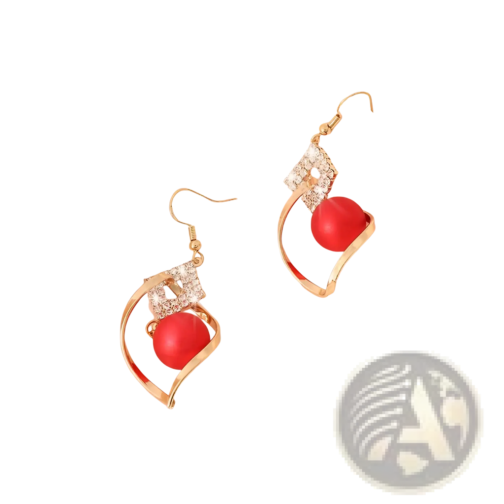 Red bead and crystal geometric gold dangle earrings with curved wire frame and vibrant red spherical beads