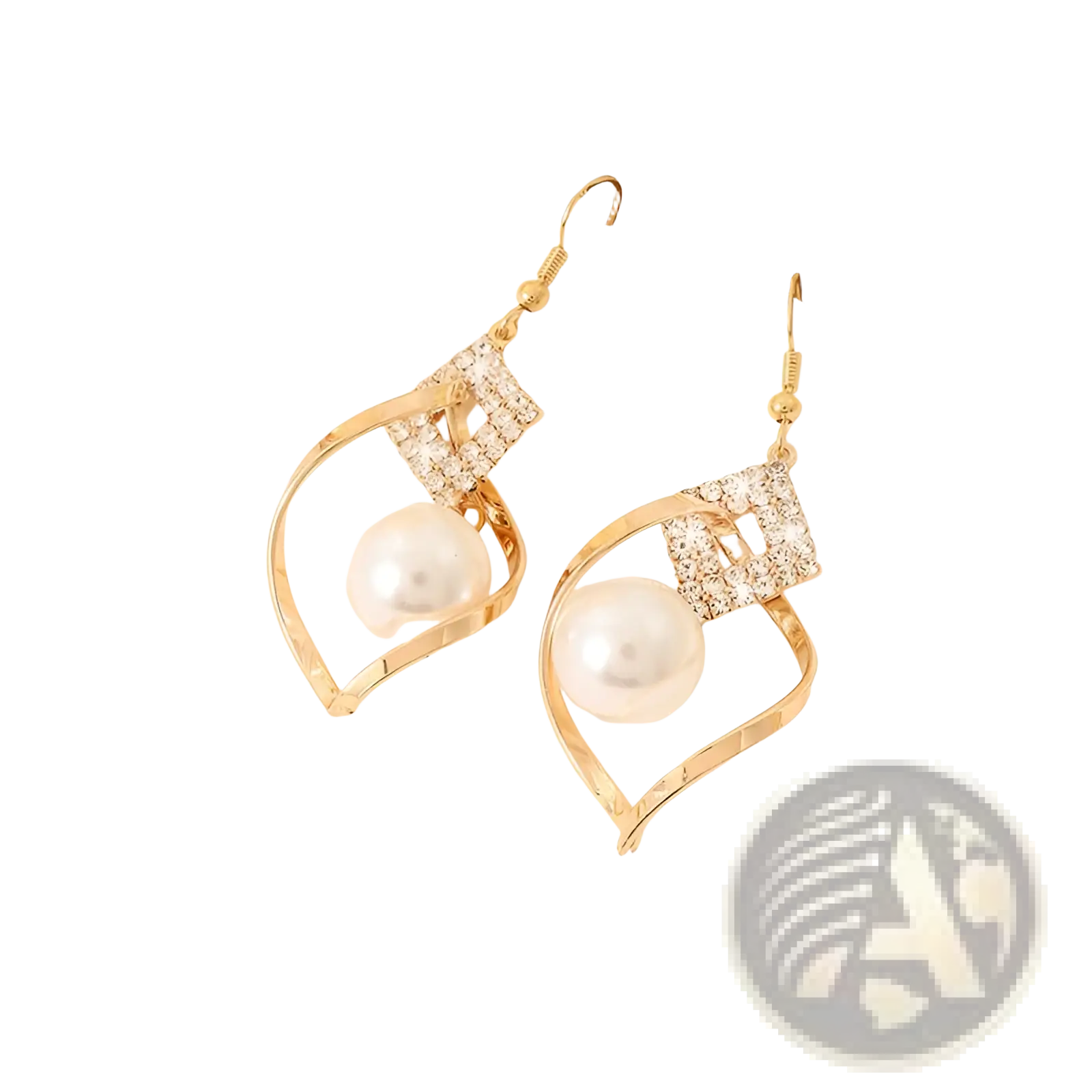 Gold-toned red bead and crystal geometric dangle earrings with heart-shaped frame and central white pearl accents