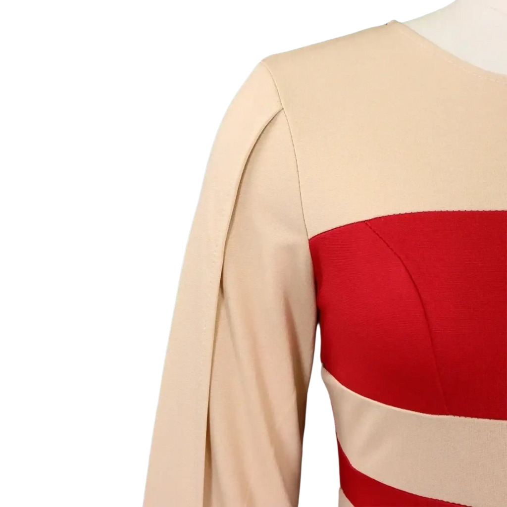 Beige and red color-blocked office midi dress with fitted bodice and long sleeves for professional wear
