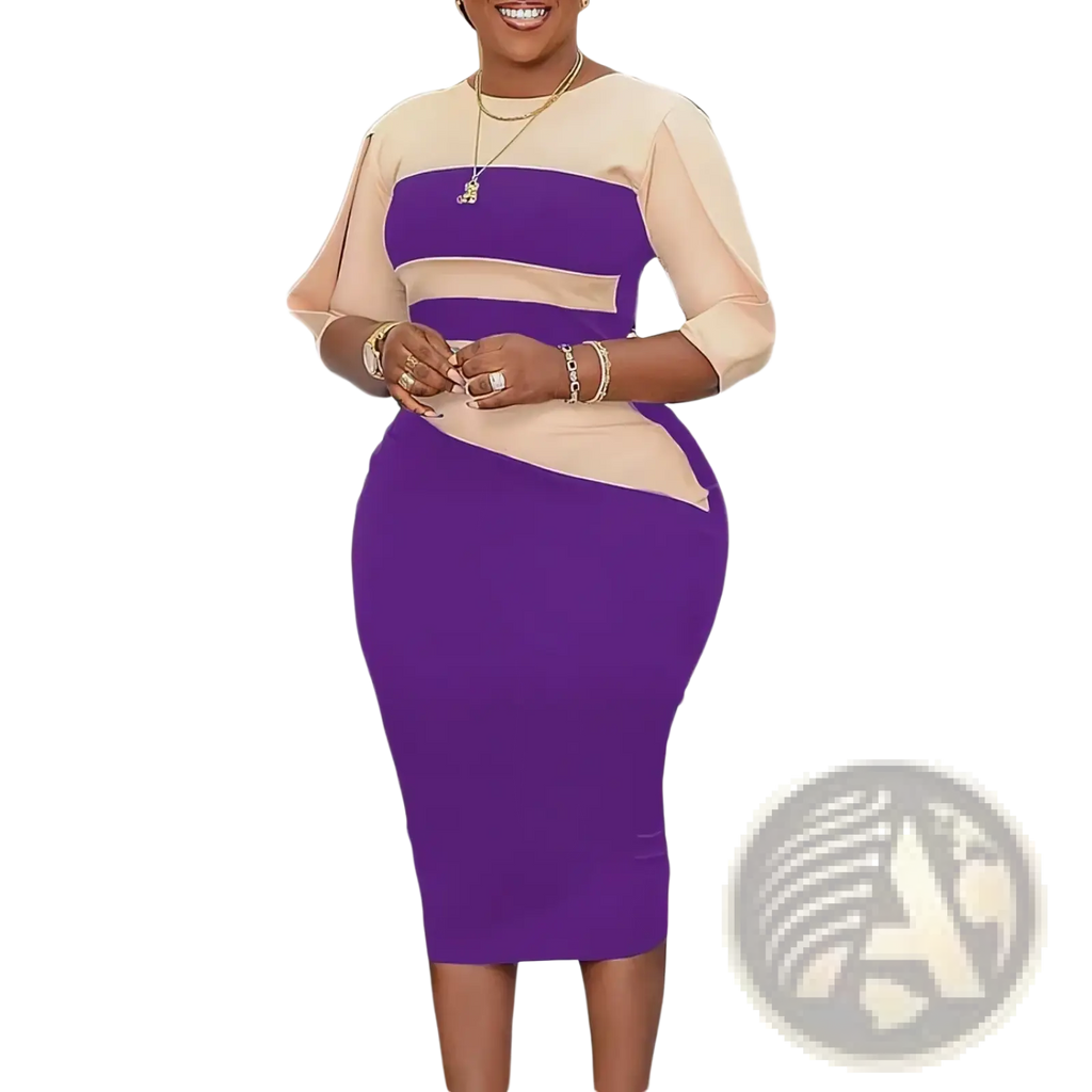 A stylish purple and beige color-blocked office midi dress with sheer three-quarter sleeves