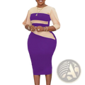 A stylish purple and beige color-blocked office midi dress with sheer three-quarter sleeves