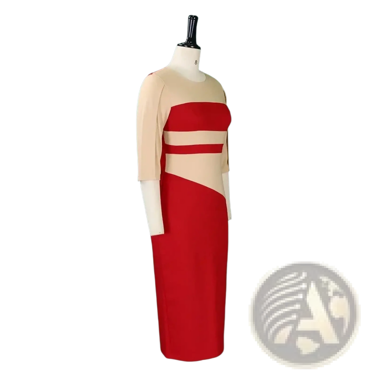 A stylish red and beige color-blocked office midi dress with three-quarter sleeves displayed on a mannequin