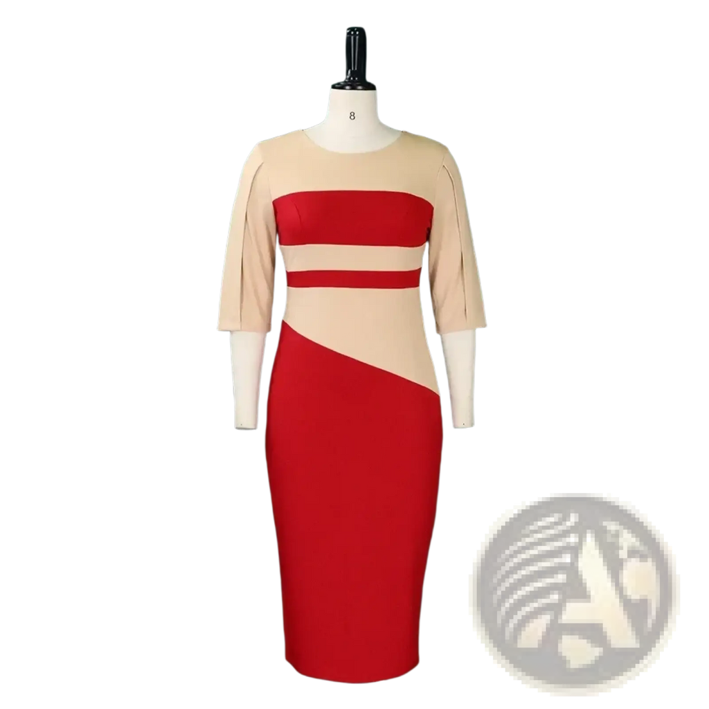 A stylish red and beige color-blocked office midi dress with three-quarter sleeves displayed on a mannequin