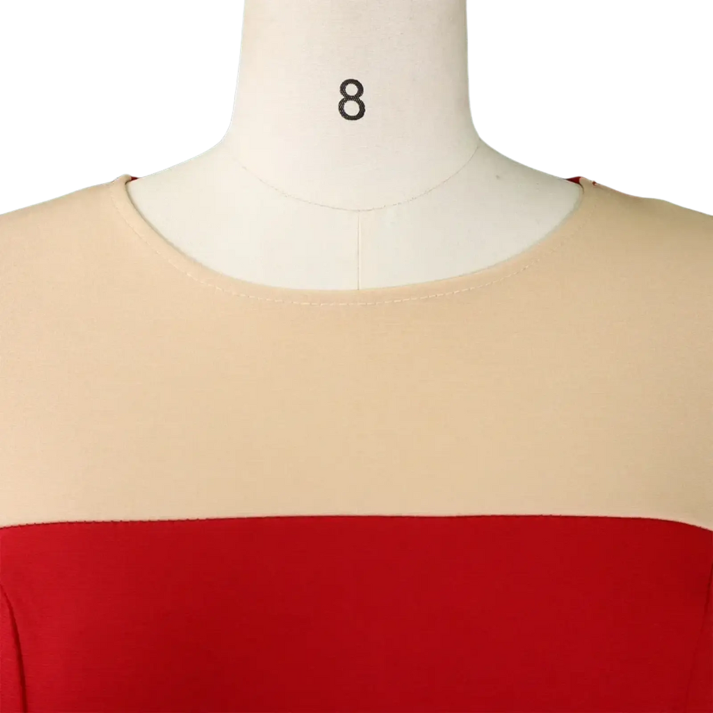 Beige and red two-tone office midi dress with a simple round neckline for professional wear