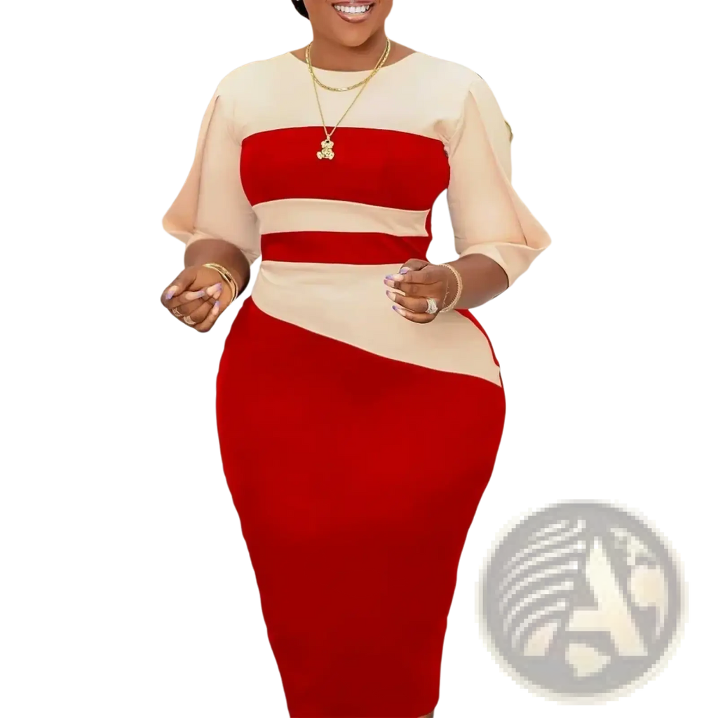 Red and beige office midi dress featuring vibrant color blocks and sheer three-quarter sleeves for elegant wear