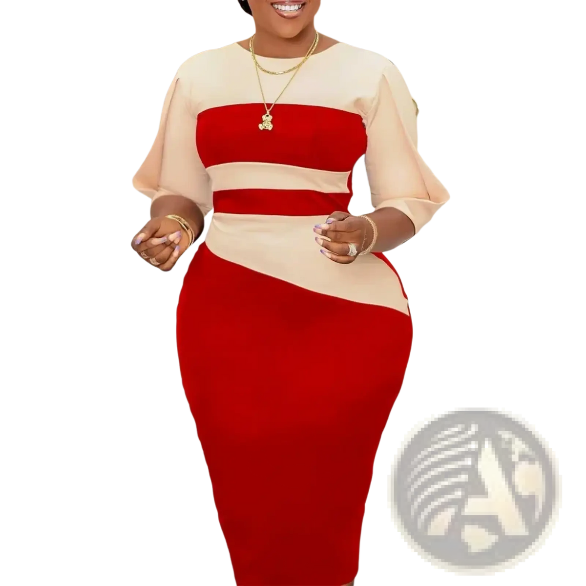 Red and beige office midi dress featuring vibrant color blocks and sheer three-quarter sleeves for elegant wear