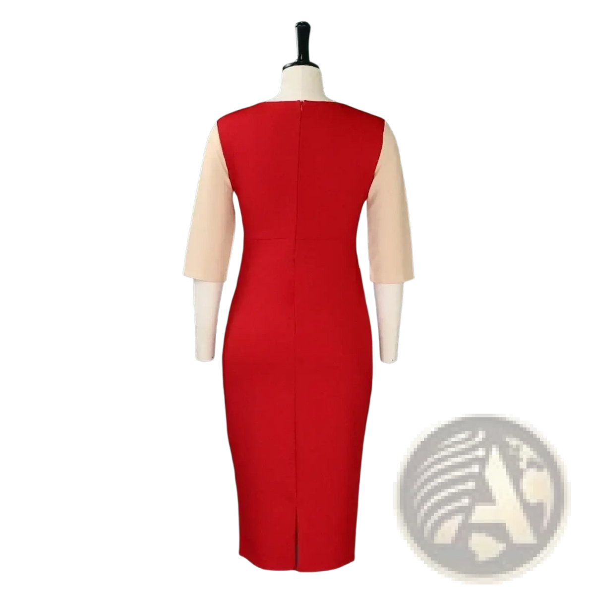A vibrant red and beige color-blocked pencil office midi dress with three-quarter length sleeves on a mannequin