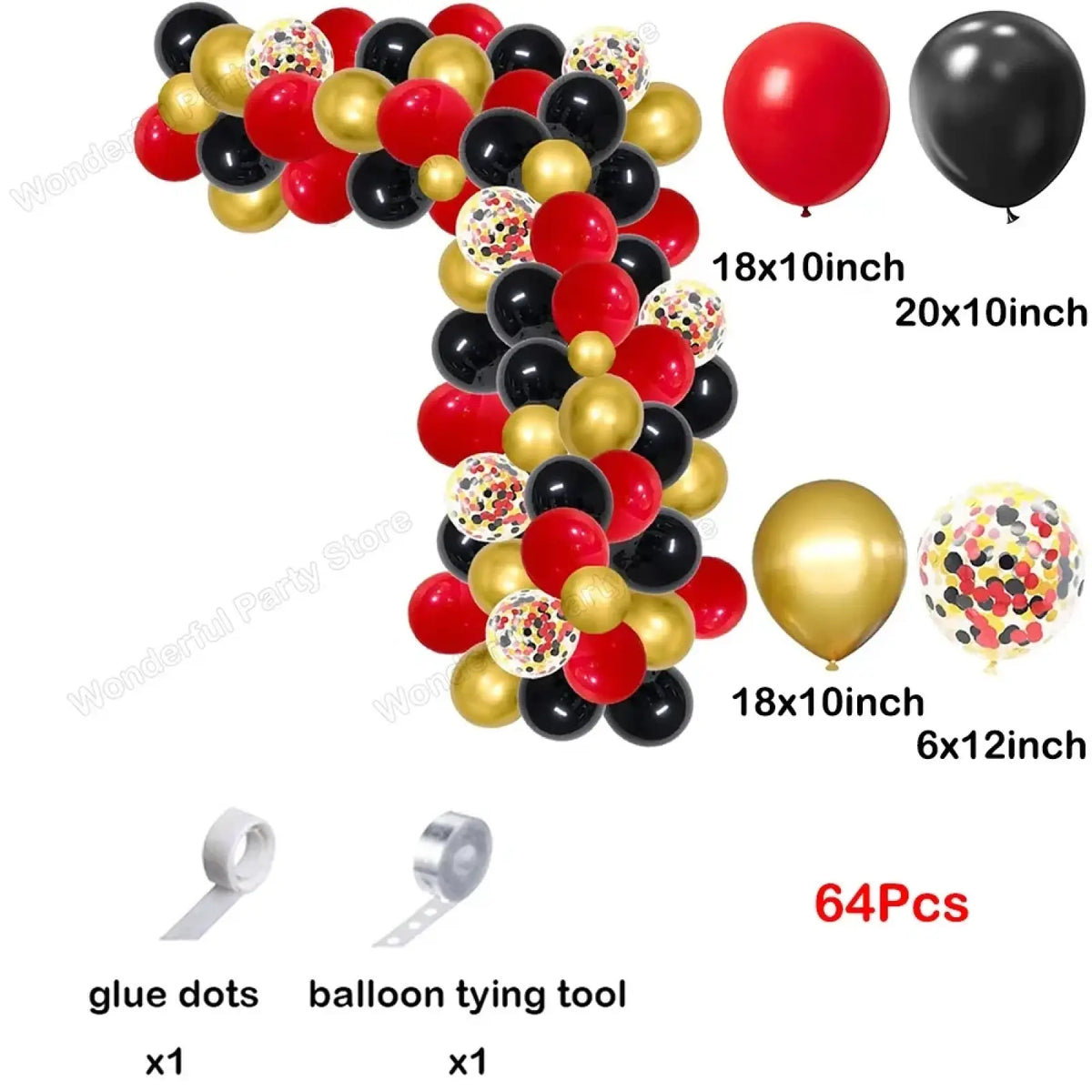 A festive red black and gold balloon garland arch kit with 64 pieces including confetti-filled balloons for party decoration
