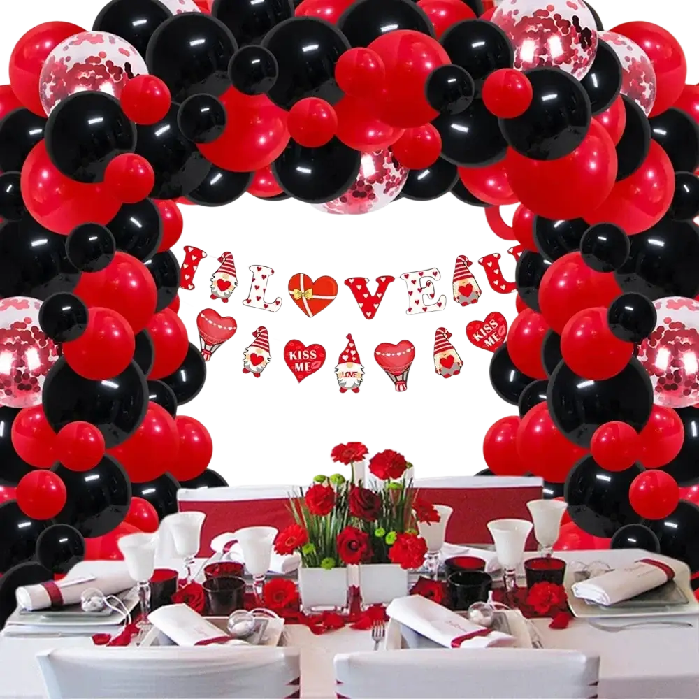 Red black balloon garland arch kit with confetti-filled balloons for party decoration and event use