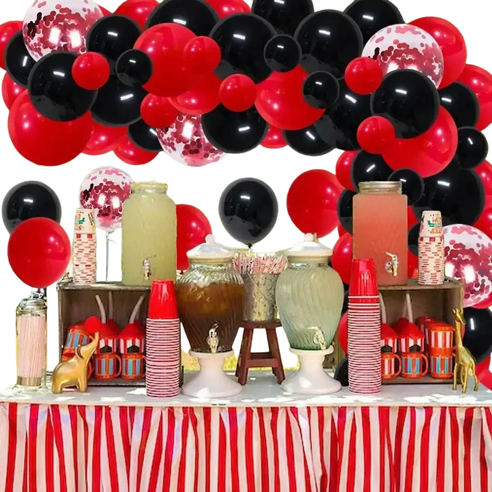 Red black balloon garland arch kit with confetti-filled balloons for elegant party decoration and events