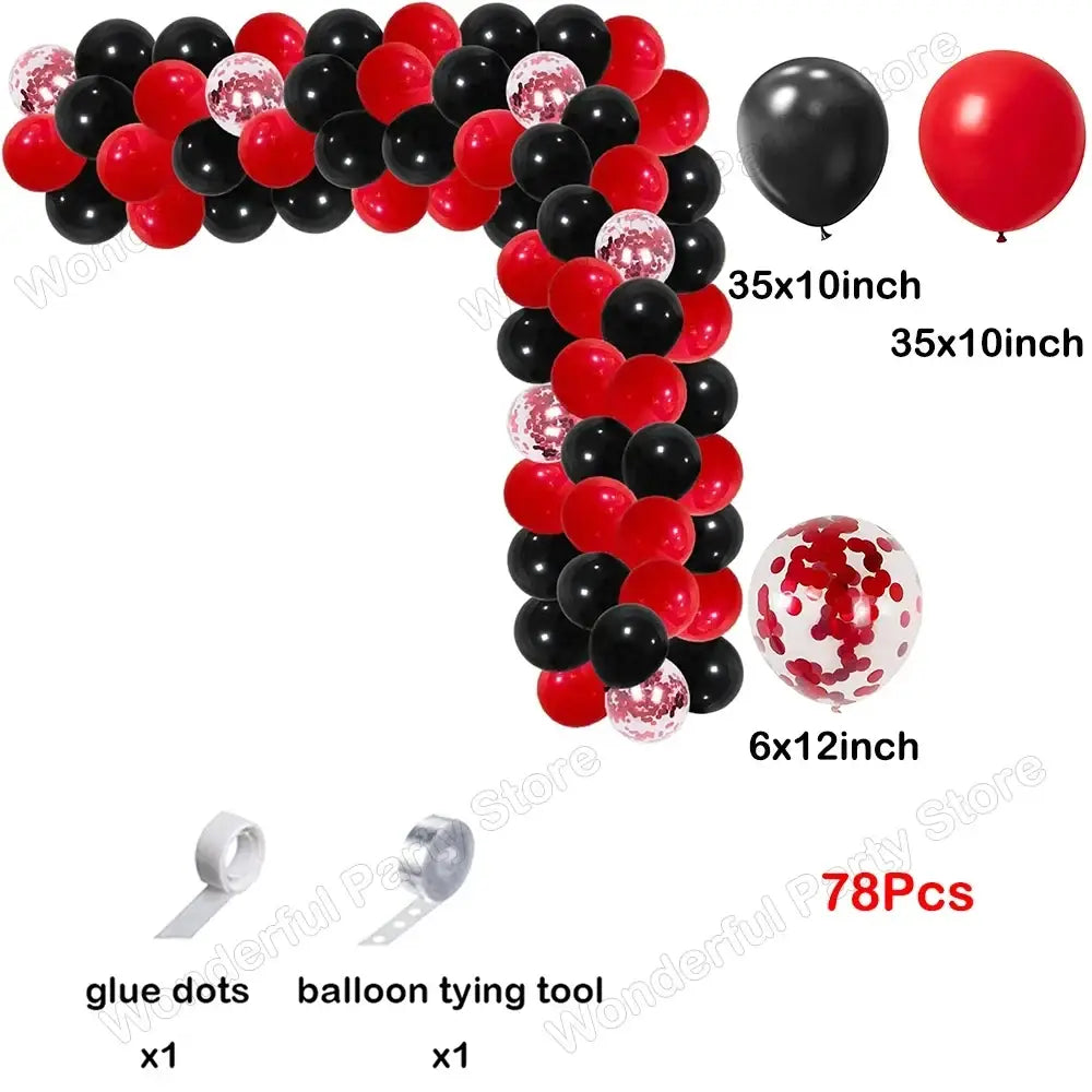Red black balloon garland arch kit featuring glitter-filled balloons in a 35x10 inch party decoration design