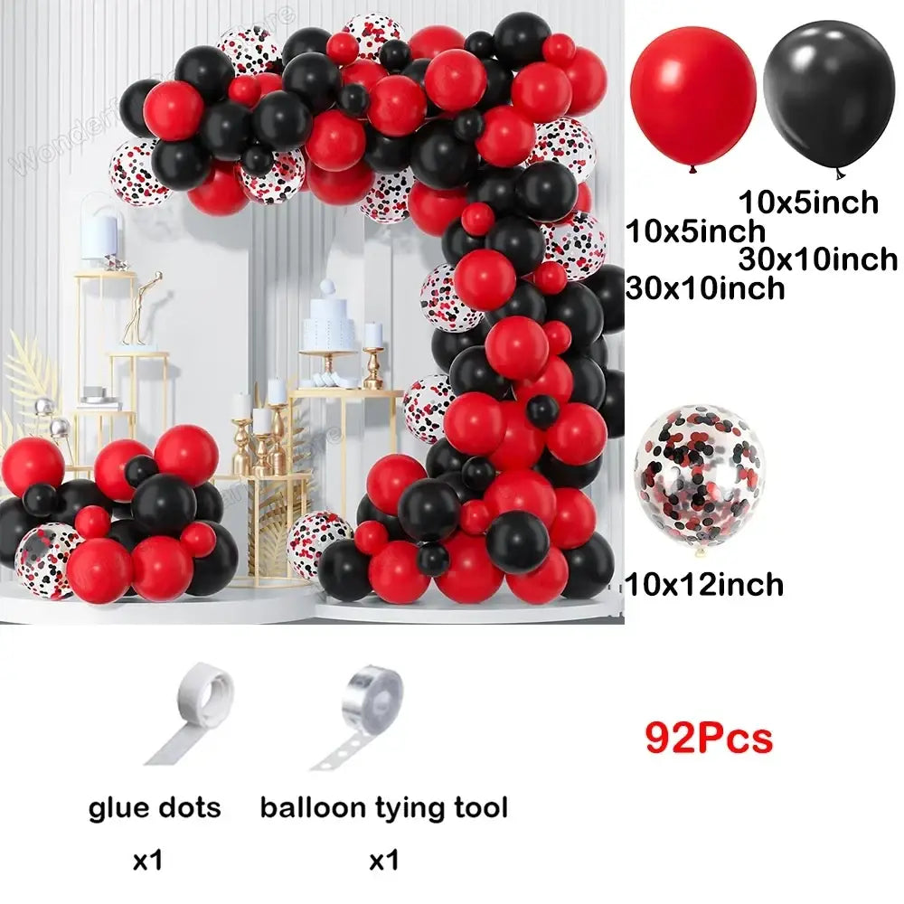 Red black balloon garland arch kit featuring latex balloons filled with red black and clear confetti for party decoration