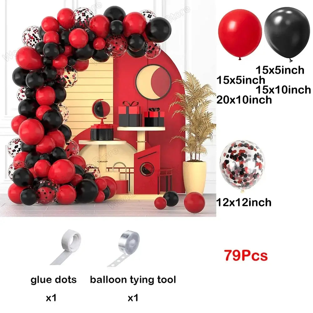 Red black balloon garland arch kit featuring assorted sizes of latex balloons with confetti for party decoration