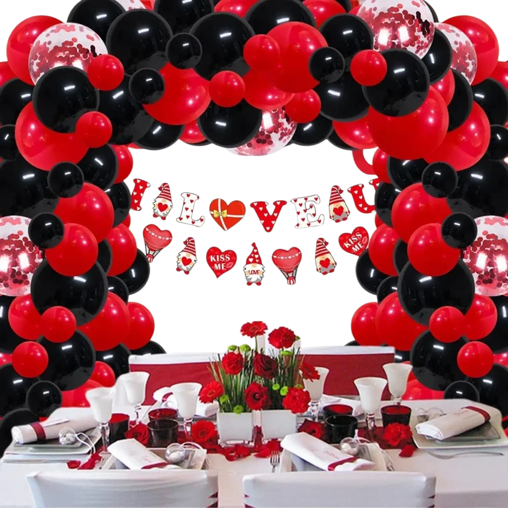 Red black balloon garland arch kit with confetti-filled balloons for party decoration and event use