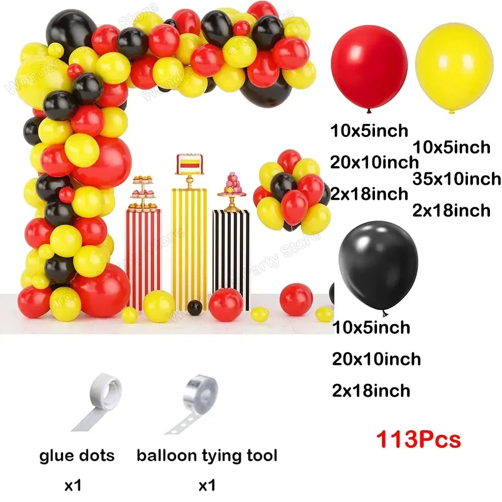 Red black balloon garland arch kit featuring a festive latex balloon arch in red yellow and black for party decoration