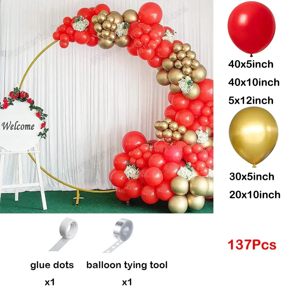 Red and gold balloon garland arch kit featuring durable latex balloons for party decoration use