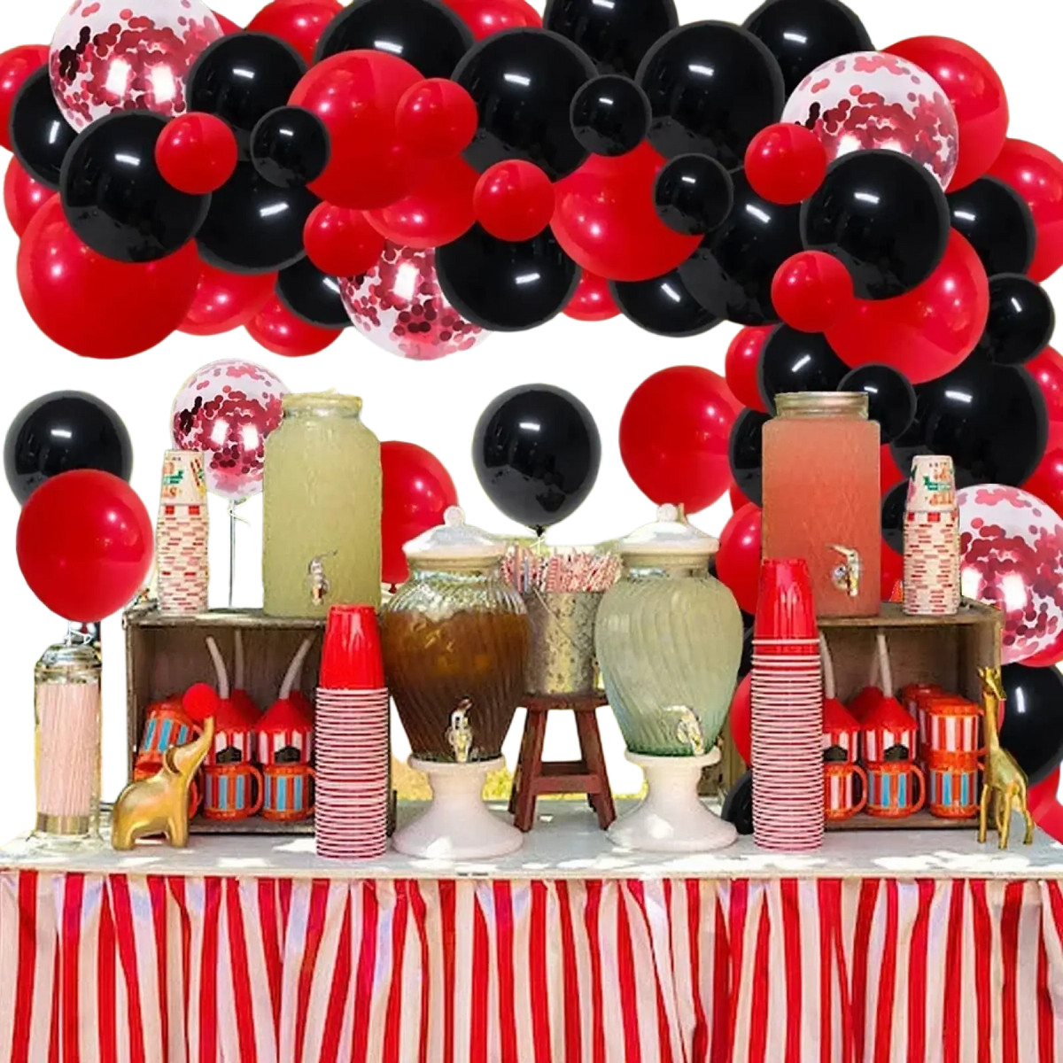Red black latex balloon garland arch kit with pink confetti balloons decorating a party beverage station