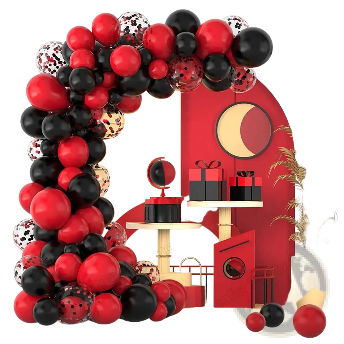 A red black balloon garland arch kit featuring vibrant balloons and confetti-filled clear balloons for party decoration