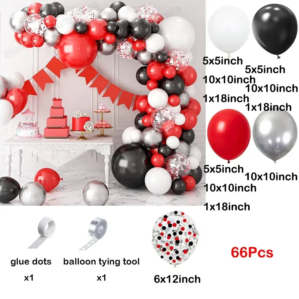 Red black balloon garland arch kit featuring assorted solid and confetti-filled balloons for party decoration