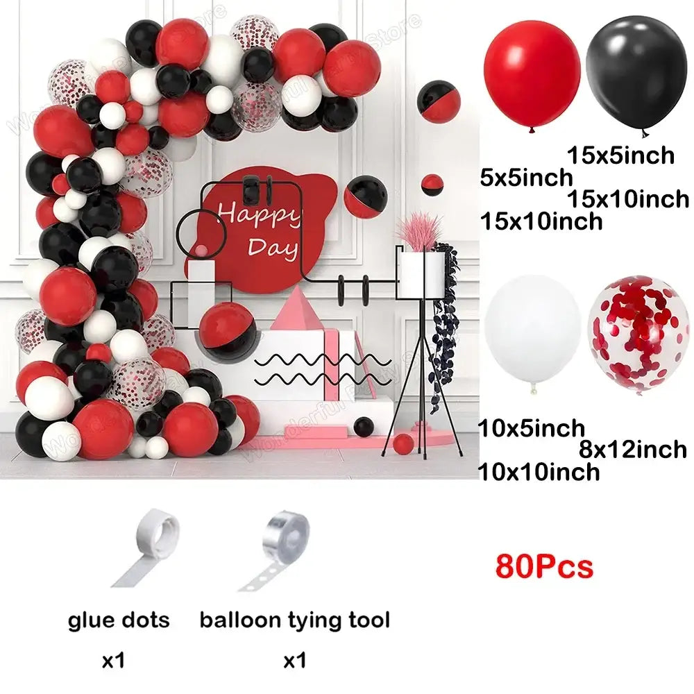 Red black balloon garland arch kit with assorted size latex balloons and glitter confetti for party decoration