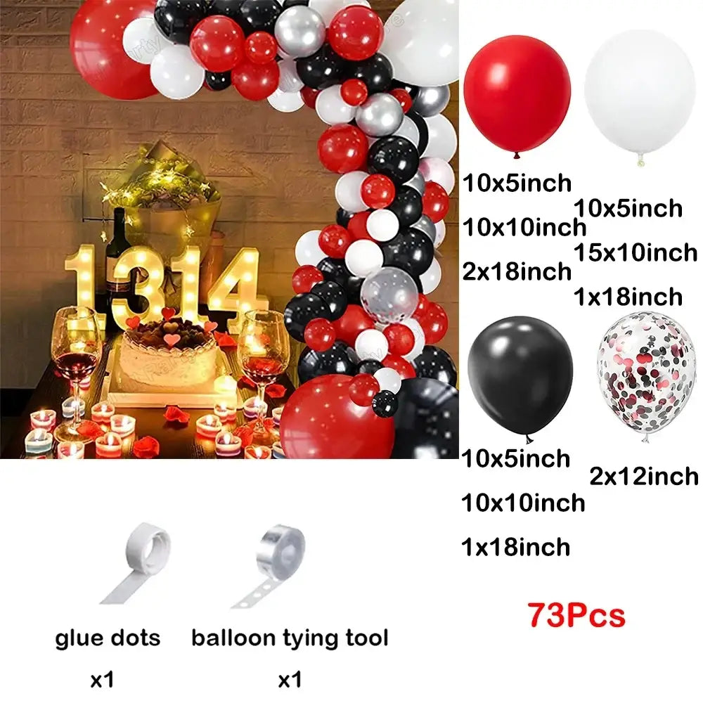 Red black balloon garland arch kit with assorted sizes of latex balloons in red black white and silver for party decoration