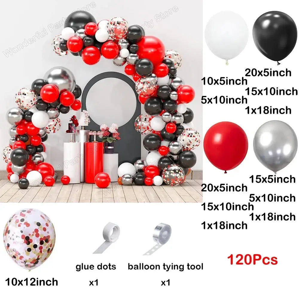 Red black balloon garland arch kit featuring assorted sizes of red black white and silver latex confetti-filled balloons