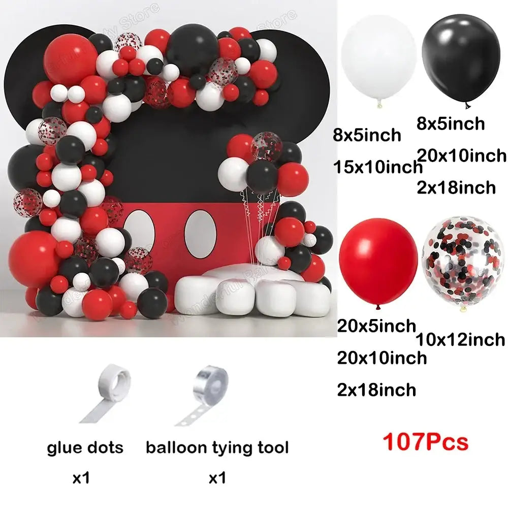 Red black balloon garland arch kit featuring latex balloons in mickey mouse design with confetti-filled clear balloons