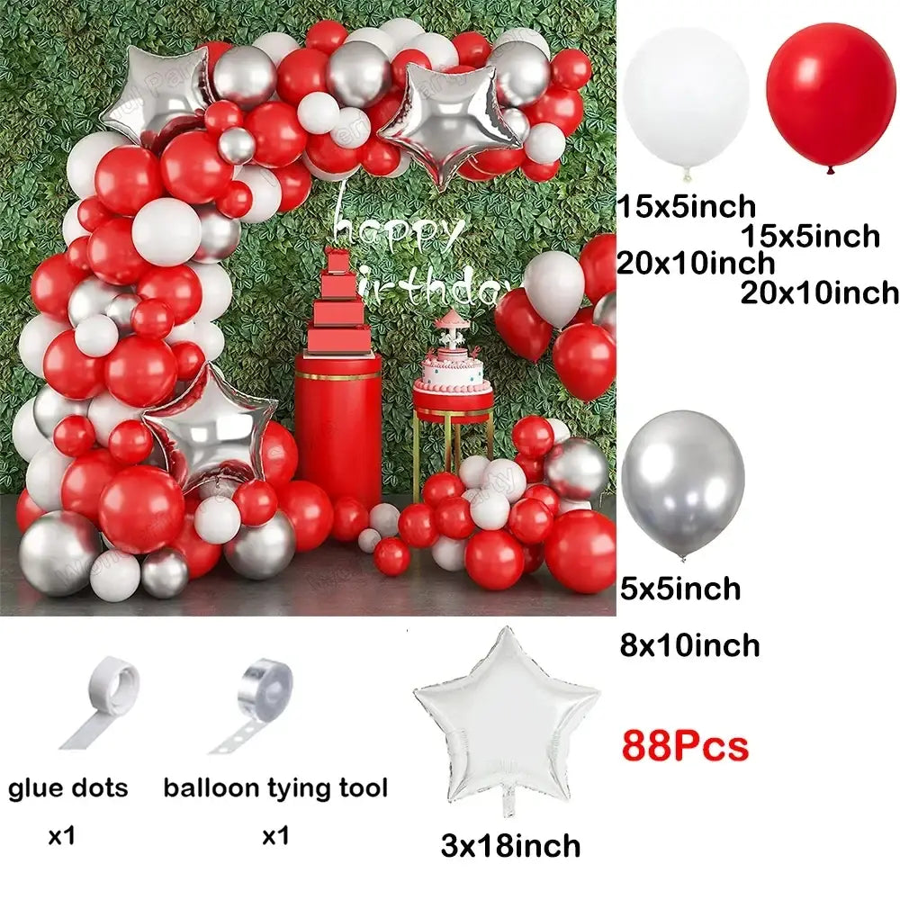 Red black balloon garland arch kit featuring red white and silver latex balloons with star-shaped foil accents for parties