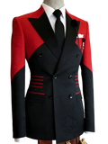 Red black double breasted tuxedo blazer with bold color-blocked shoulders, textured fabric, and red piping waistband