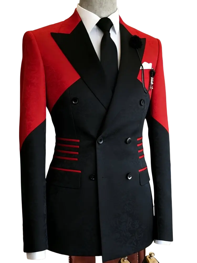 Red black double breasted tuxedo blazer with bold color-blocked shoulders, textured fabric, and red piping waistband