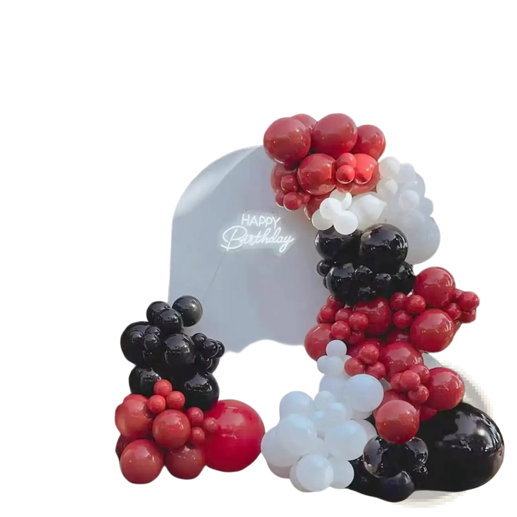 Red black white balloon arch kit 98 pcs featuring a festive balloon arch with a glowing happy birthday sign
