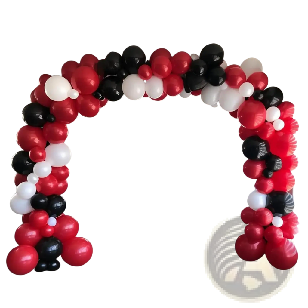 A vibrant red black and white balloon arch kit with 98 glossy latex balloons arranged in a festive pattern