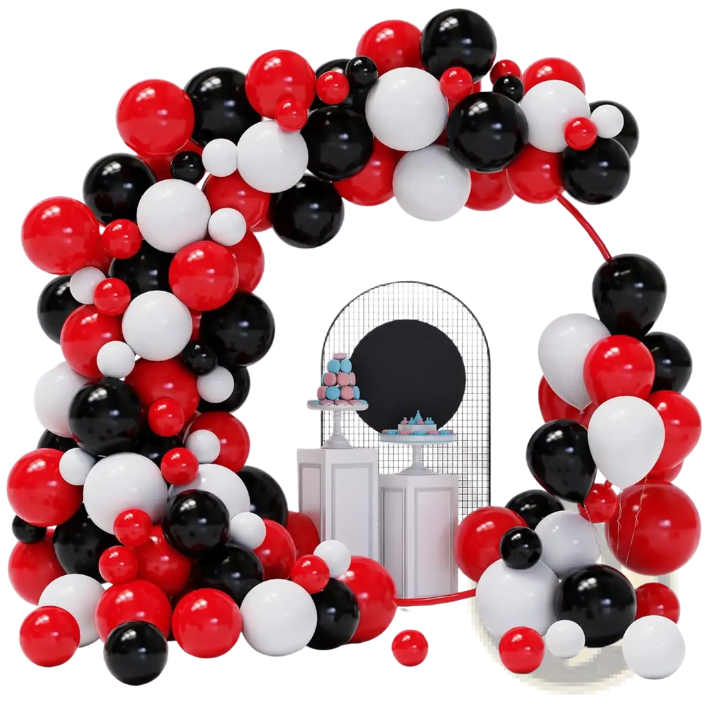 A vibrant red black and white balloon arch kit with 98 glossy latex balloons of varying sizes for decoration