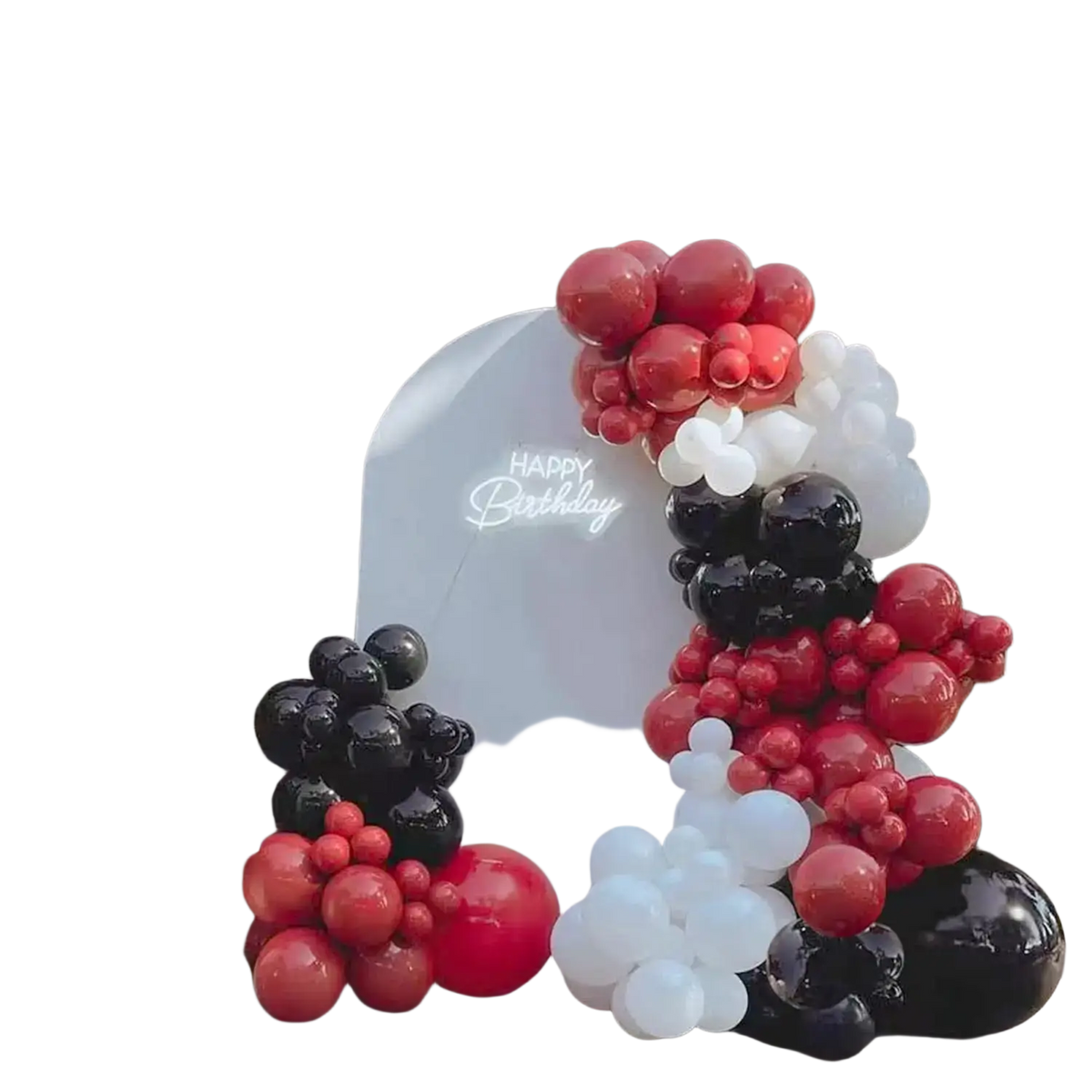 Red black white balloon arch kit 98 pcs featuring a festive balloon arch with a glowing happy birthday sign