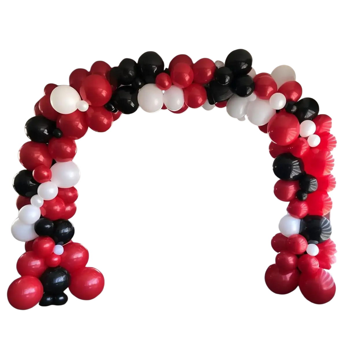 A vibrant red black and white balloon arch kit with 98 glossy latex balloons arranged in a festive pattern